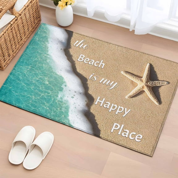 The Beach Is My Happy Place Washable Small Entryway Area Rugs 2'x3', Blue Ocean Wave Starfish Low Pile Throw Rug Non-Slip Sturdy Edge Binding Carpet for Front Door Floor Room Entry