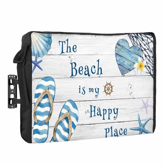 The Beach Is My Happy Place Waterproof Outdoor TV Cover, Summer Ocean Slippers Starfish Shell Wood Grain Outside Weatherproof TV Enclosures for 80 to 85 Inch LCD Television Shield Screen Protectors