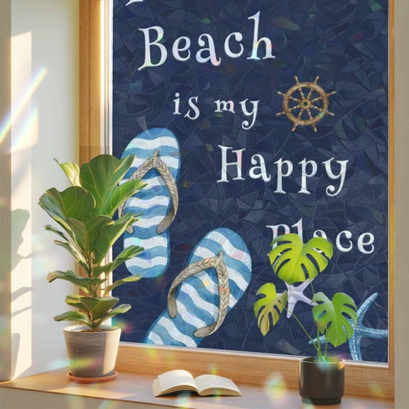 The Beach Is My Happy Place Window Privacy Film, Rainbow Film Decorative Window Sticker 17.7x39.3in, Flip Starfish Daisy Floral Sun Blocking Static Stained Glass Cling Tint Non-Adhesive