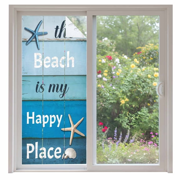 The Beach Is My Happy Place Window Privacy Film Starfish Shell Blue Wood Grain Decorative Glass Window Film UV Blocking Static Cling Non-Adhesive Sticker Covering for Home Door 35.4x78.7 inches