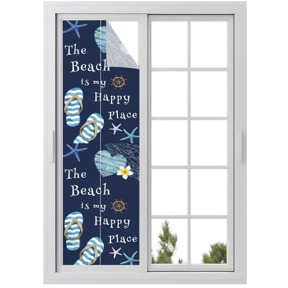 The Beach Is My Happy Place Window Privacy Film, Summer Ocean Blue Slippers Starfish Shell Frosted Glass Window Clings Static Cling UV Heat Blocking Reusable Door Sticker for Bathroom 23.6x78.7 Inch
