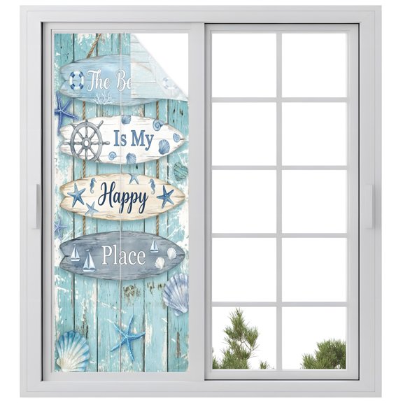 The Beach Is My Happy Place Window Privacy Film, Summer Ocean Blue Starfish Shell Green Wood Grain Frosted Glass Window Clings Static Cling UV Heat Blocking Door Sticker for Bathroom 23.6x59 Inch