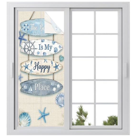 The Beach Is My Happy Place Window Privacy Film, Summer Ocean Blue Starfish Shell Seahorse Linen Frosted Glass Window Clings Static Cling UV Heat Blocking Door Sticker for Bathroom 23.6x59 Inch