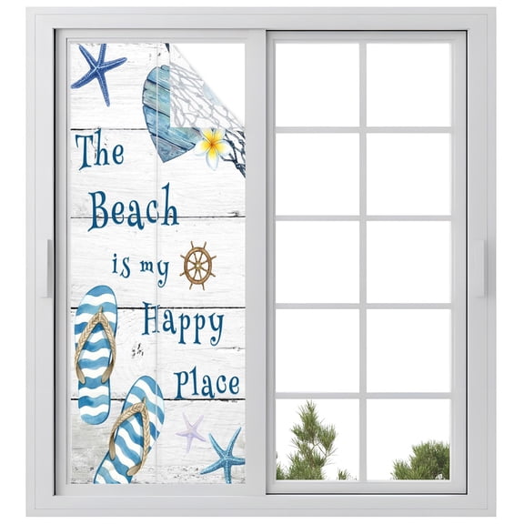 The Beach Is My Happy Place Window Privacy Film, Summer Ocean Slippers Starfish Shell Wood Grain Frosted Glass Window Clings Static Cling UV Heat Blocking Door Sticker for Bathroom 23.6x59 Inch