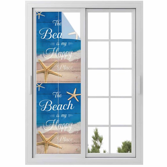 The Beach Is My Happy Place Window Privacy Film, Summer Starfish Beach Board Frosted Glass Window Clings Static Cling UV Heat Blocking Reusable Door Sticker for Bathroom 29.5 x 118 Inch