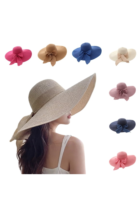Beach Hats for Women - Beach Hat Womens UPF 50+, Packable Sun Hat Women Roll Up, Wide Brim Straw Hat for Women Bow-Tied Glamour Wide-Brim Hat with Textured Weave Khaki