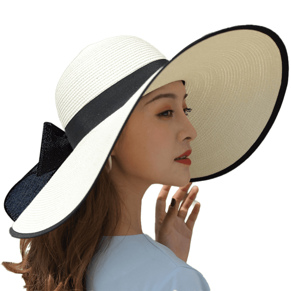 Beach Hats for Women Big Straw Wide Brim Summer Hat Floppy Foldable Roll up  Cap Sun Hat - White 