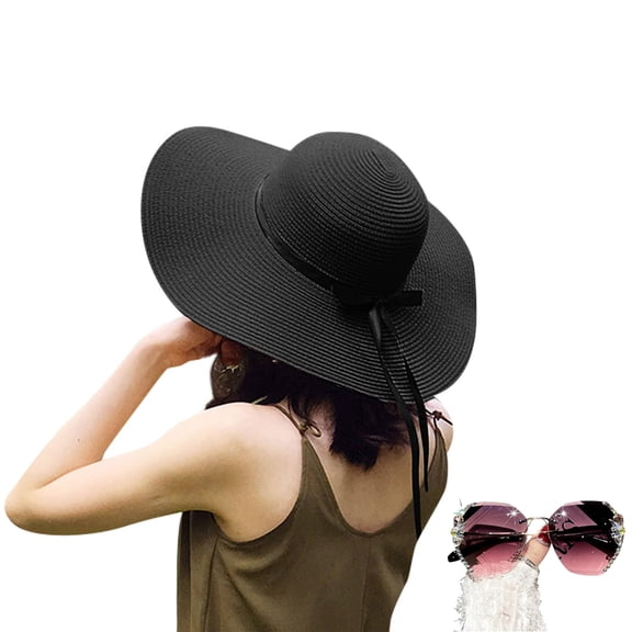Beach Hats for Women with Rimless Diamond Sunglasses, Big Straw Wide Brim Summer Hat, Floppy Foldable Roll up Cap Sun Hat, UPF 50 