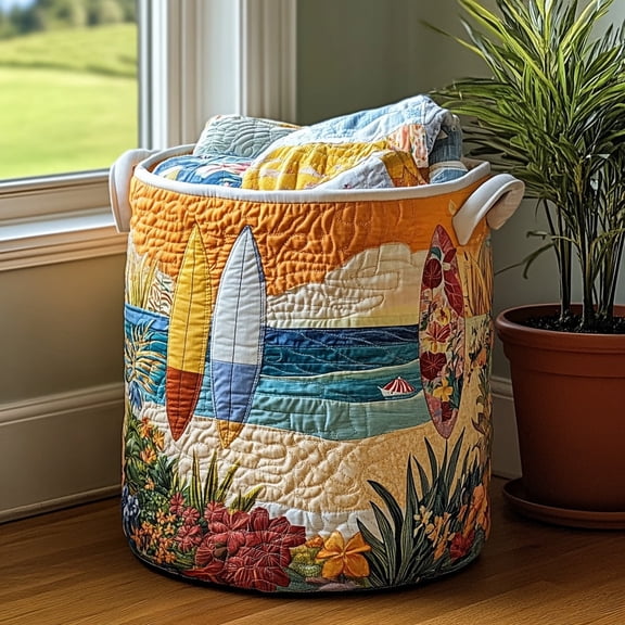 Beach Haven Quilted Laundry Basket, Tropical Room Accent Foldable Clothes Basket, Bathroom or Bedroom Hamper