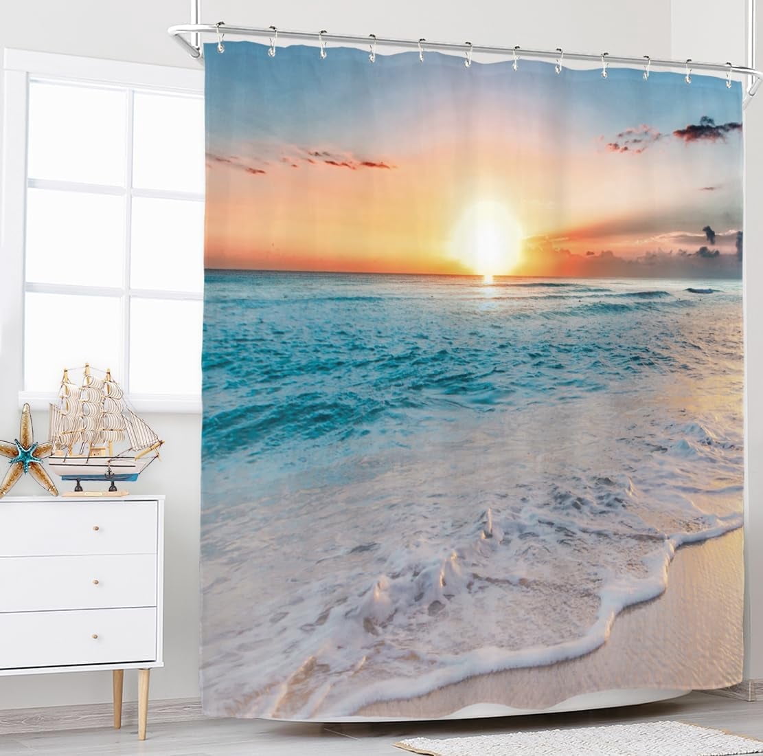 Beach Hawaiian Sea Sunset Shower Curtain for Bathroom Decor 72Wx72H Ocean Wave Sunrise Tropical Coastal Seaside Summer Scenery Art Printed Fabric Polyester Waterproof 12 Pack Plastic Hooks