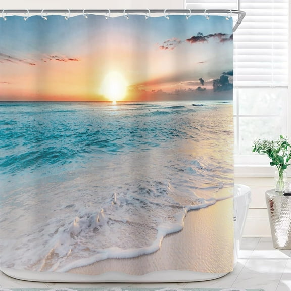 Beach Hawaiian Sea Sunset Shower Curtain for Bathroom Decor 72Wx72H Ocean Wave Sunrise Tropical Coastal Seaside Summer Scenery Art Printed Fabric Polyester Waterproof 12 Pack Plastic Hooks