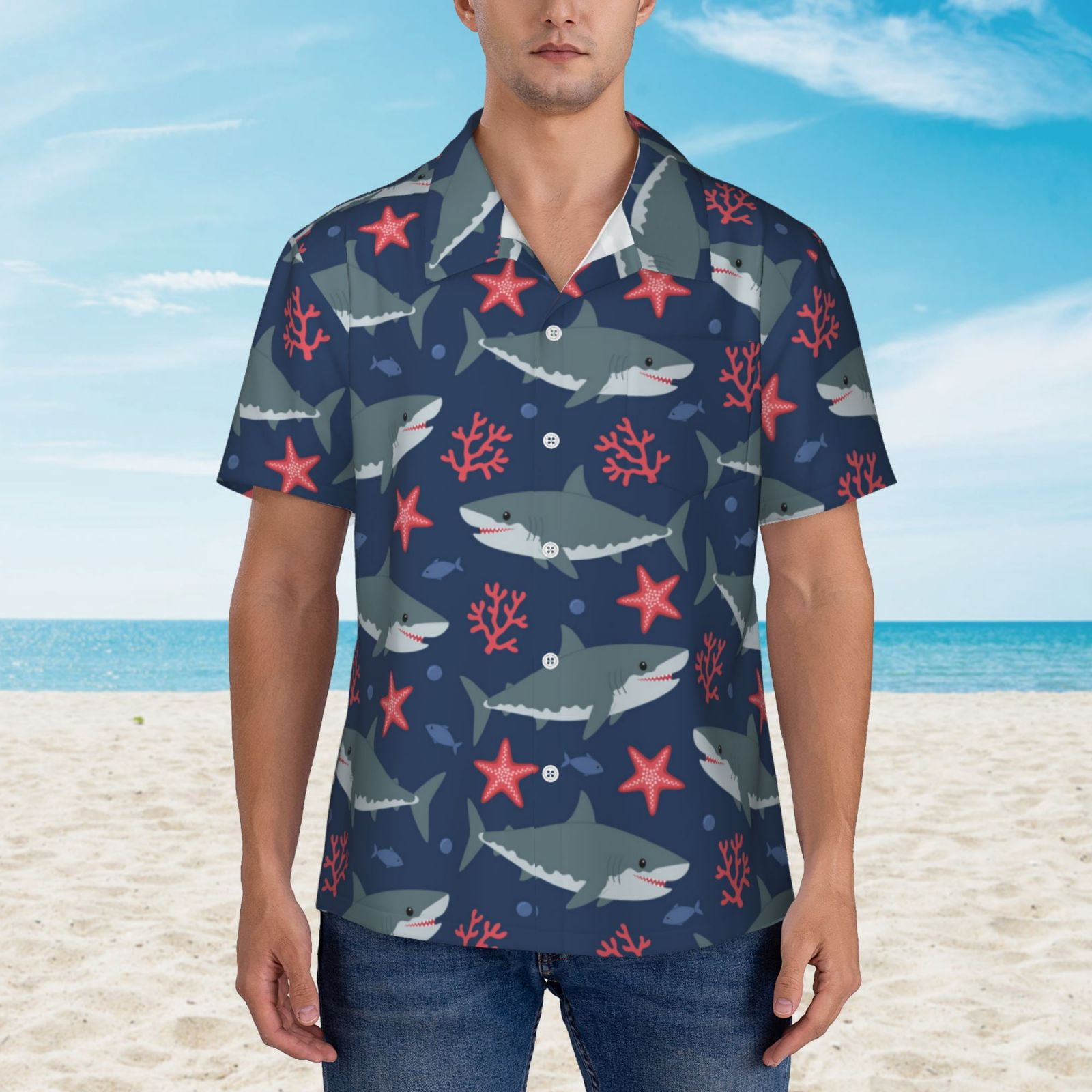 Visesunny Men's Casual Hawaiian Shirt - Blue Seahorse Starfish Vintage Aloha Shirt, Large