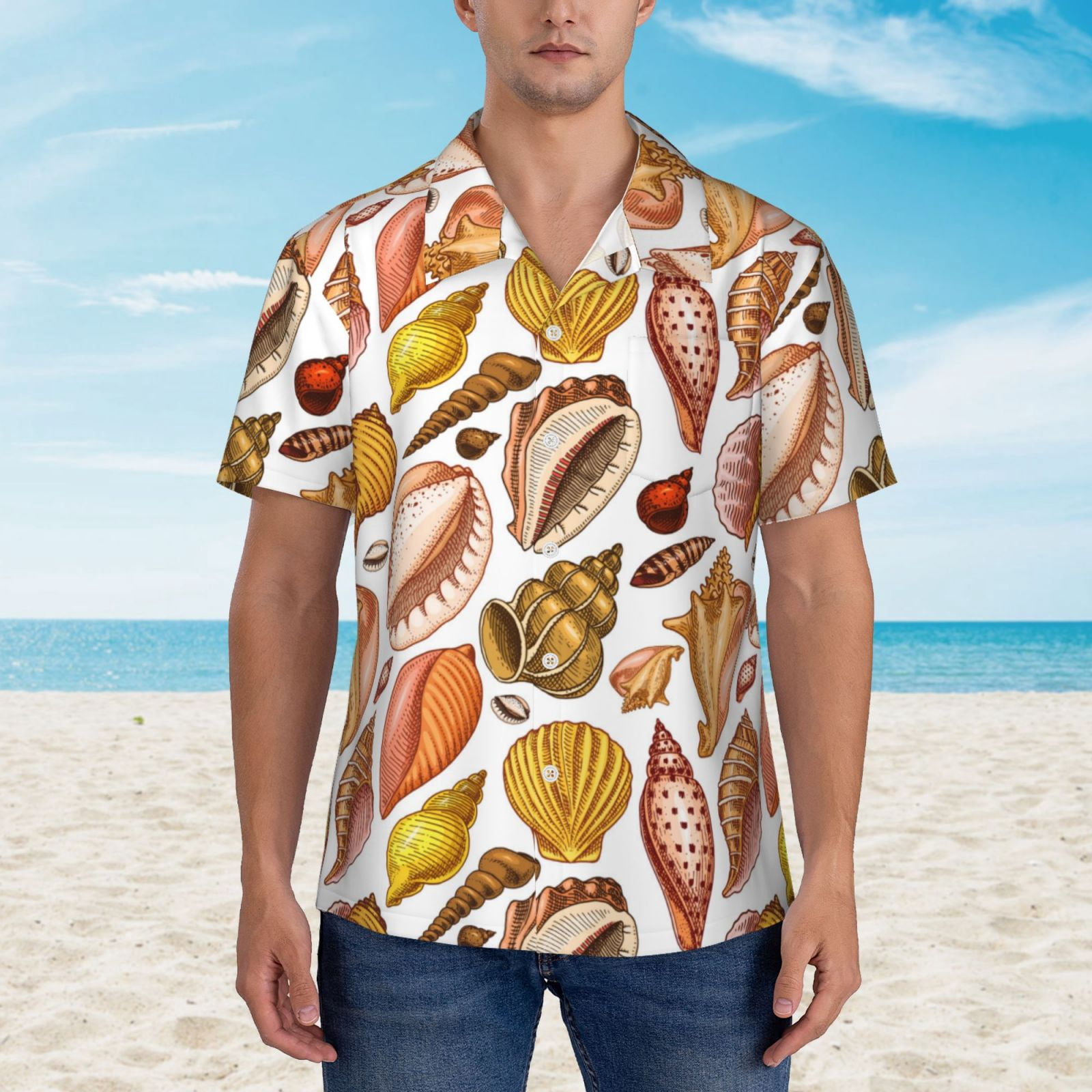 Shell Tops Men's Beach Hawaiian Shirt For Men With Pocket, Conch Shells Print No.9021 ...