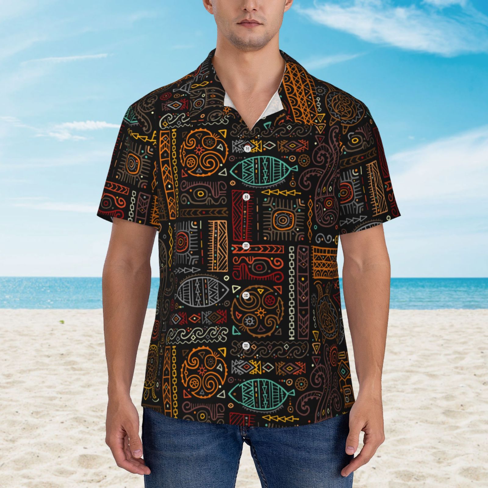 GLUDEAR Men's Slim-Fit Hawaiian Shirt - Polynesian Floral Print, Short Sleeve, Plus Sizes XXS-5XL