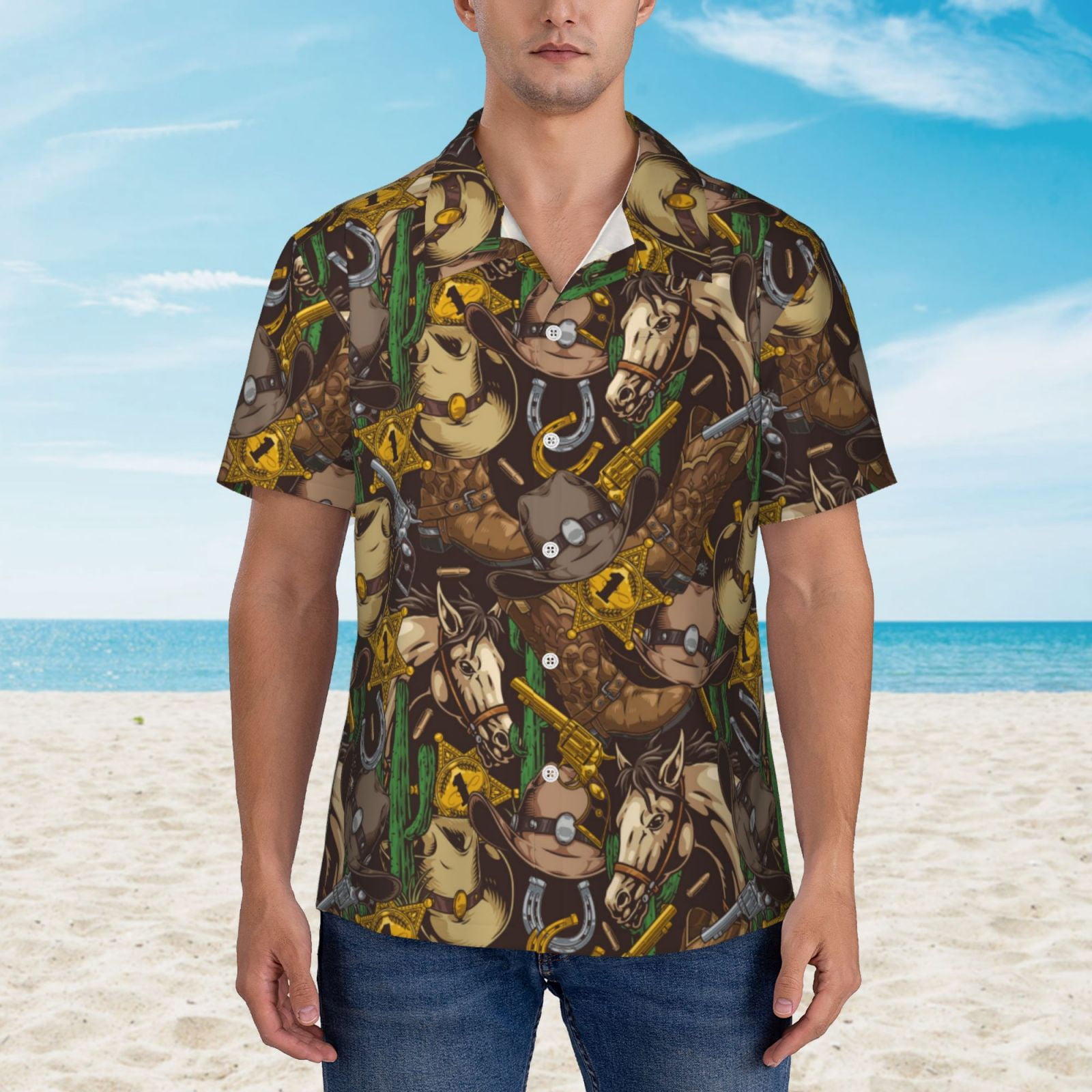 Men's Aloha Hawaiian Shirt - Cowboy Hats Print Short Sleeve Button Down, Loose Fit Beach Shirt For Summer & Vacation