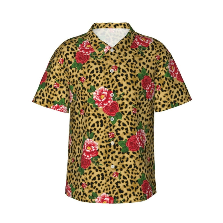 Beach Hawaiian Shirt for Men with Pocket Floral Leopard cute