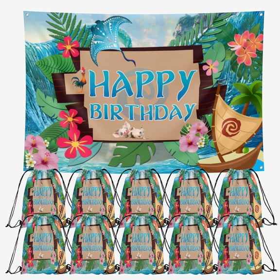 Beach Hawaiian Style Birthday Party Supplies,20 Pieces Beach Hawaiian Style Candy Drawstring Bag Include Backdrop 7x5FT, Drawstring Goodie Favor Bags for Birthday Party Decorations(10.6 x 13.3 Inch)