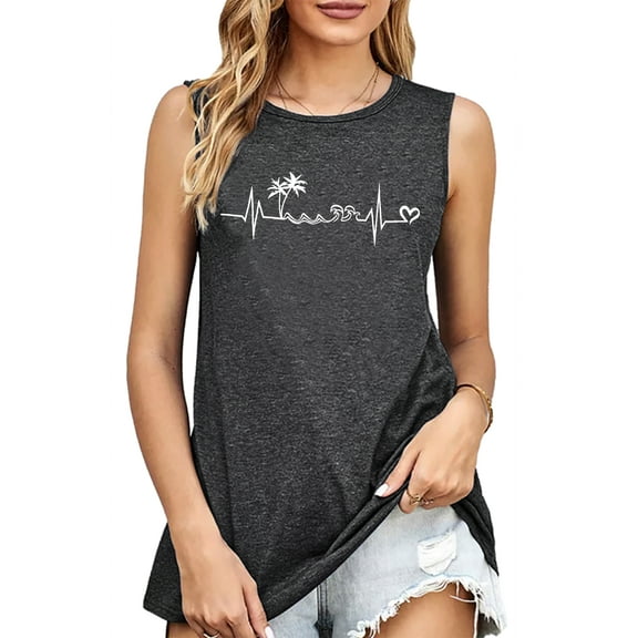 Beach Heartbeat Tank Tops Women Cute Graphic Print Sleeveless Tee Vacation Shirt