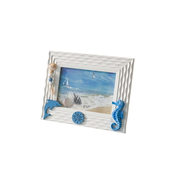 Beach Home Decor Ocean Picture Frame, 7 Inch Wooden Horizontal Photo Frame with Dolphin Seahorse Shell Decorations for Tabletop Display