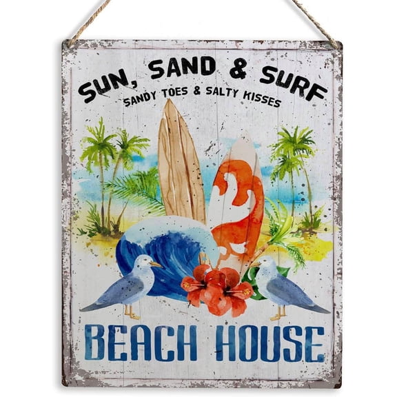 Beach House Artwork Wood Sign Rustic Farmhouse Style Sun Sand and Surf Beach Wooden Sign Hanging Plaque 8x10 Inch Summer Home Outdoor Decor for Presents