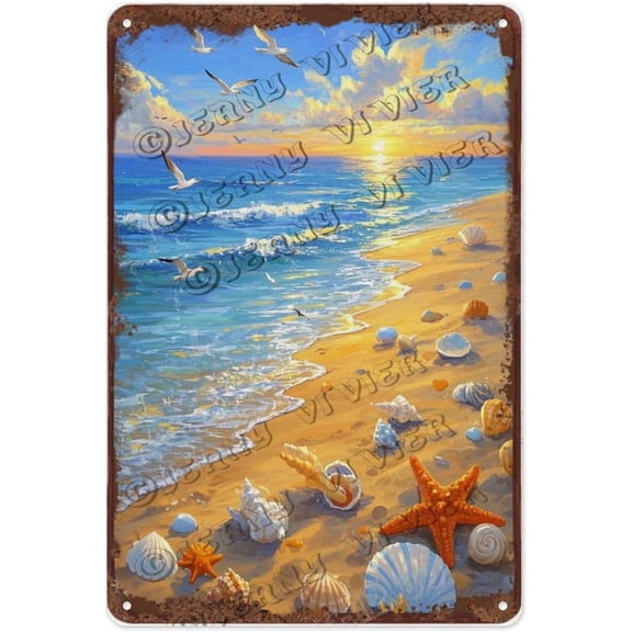 Beach House Decor Vintage Shell Tin Sign 12x16 Inch Ocean Theme Wall Art for Porch, Patio, or Bathroom | Unique Gift for Birthday, Summer, or New Home Celebrations