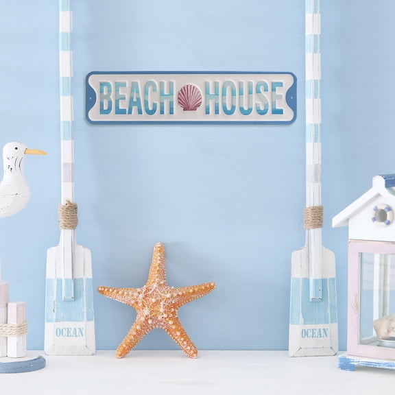 Beach House Metal Wall Sign, Coastal Nautical Wall Decor with Seashell Design, Ocean Theme Hanging Plaque for Beach House, Lake House, Bathroom, Entryway, Summer Home Decoration, 15.75 x 3.94 Inch