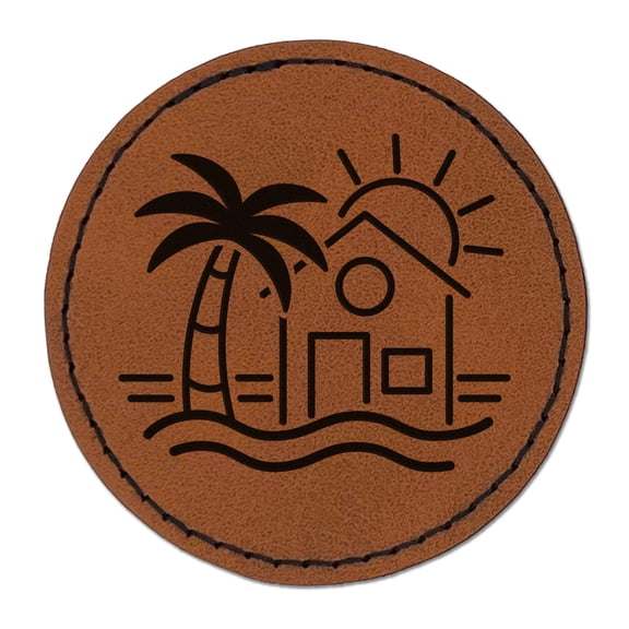 Beach House Palm Tree Ocean 2.5" Faux Leather Round Engraved Iron-On Patch - Brown