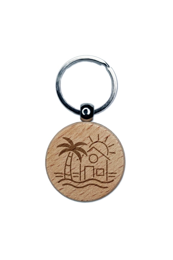 Beach House Palm Tree Ocean Round Keychain Charm Tag - Engraved Wood