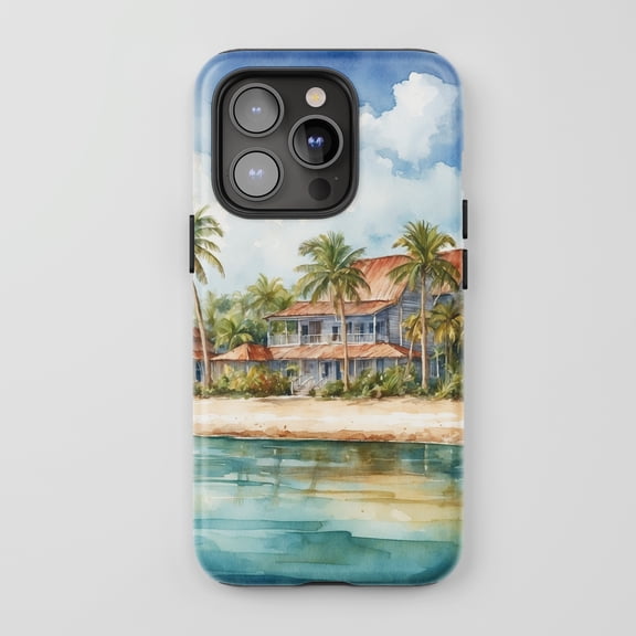 Beach House Palm Trees For All iPhone Series Tough Phone Case Watercolor Coastal
