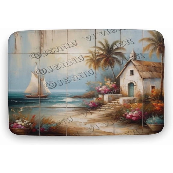 Beach House Pattern Bath Mat,Plush Bathroom Decor Mat with Non Slip Backing,Bathroom Rugs Great for Bath, Shower, Bedroom, Kitchen, Soft Memory Foam Backing 20"x32"