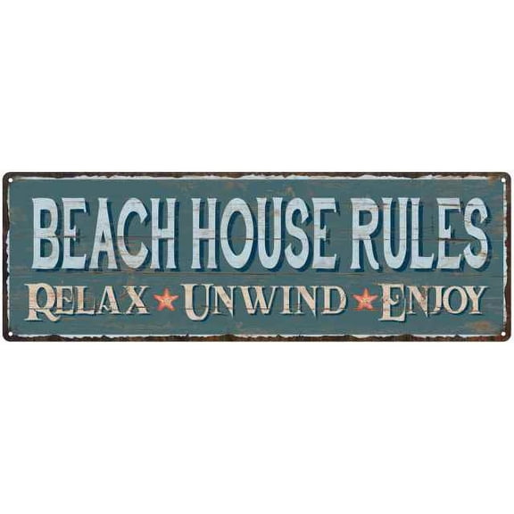 Beach House Rules Beach Style Wood Look Sign Green 6x18 Metal Decor 206180086061