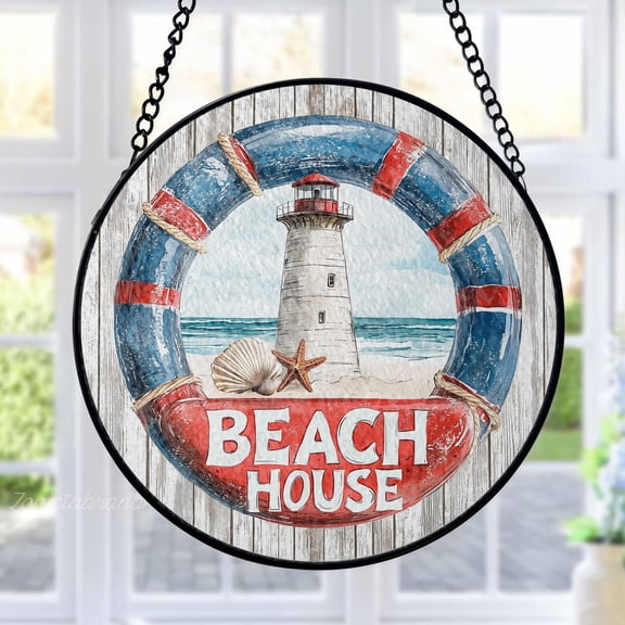 Beach House Stained Glass Suncatcher Metal Outdoor Decor Watercolor Nautical Coastal Red White Blue