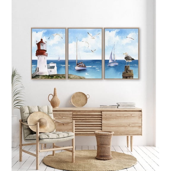 Beach House Triptych Wall Art Modern Farmhouse Lighthouse Canvas Set Set 3