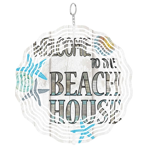 Beach House Wind Spinner Metal Outdoor Decor Coastal Theme Blue White