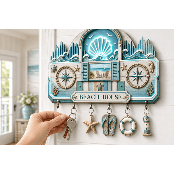 Beach House Wooden Key Hanger Coastal Key Holder Key Rack for Entryway