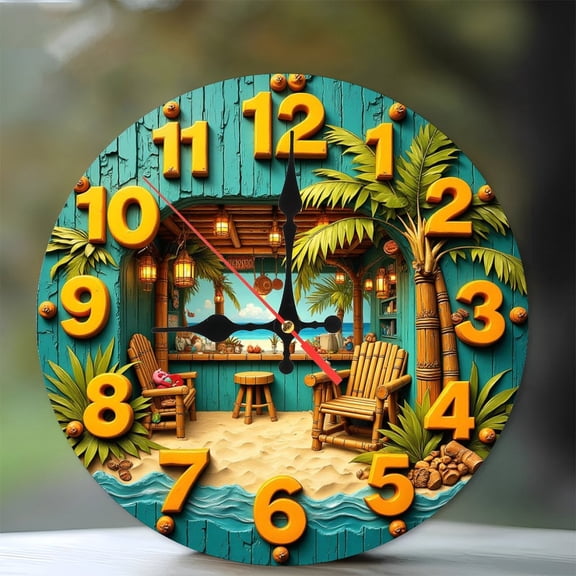 Beach Hut Clock Wall Decor Tropical Summer Time 10-Inch Silent Wooden Wall Clock, Battery Operated (AA Batteries Not Included), Artistic Home Decor