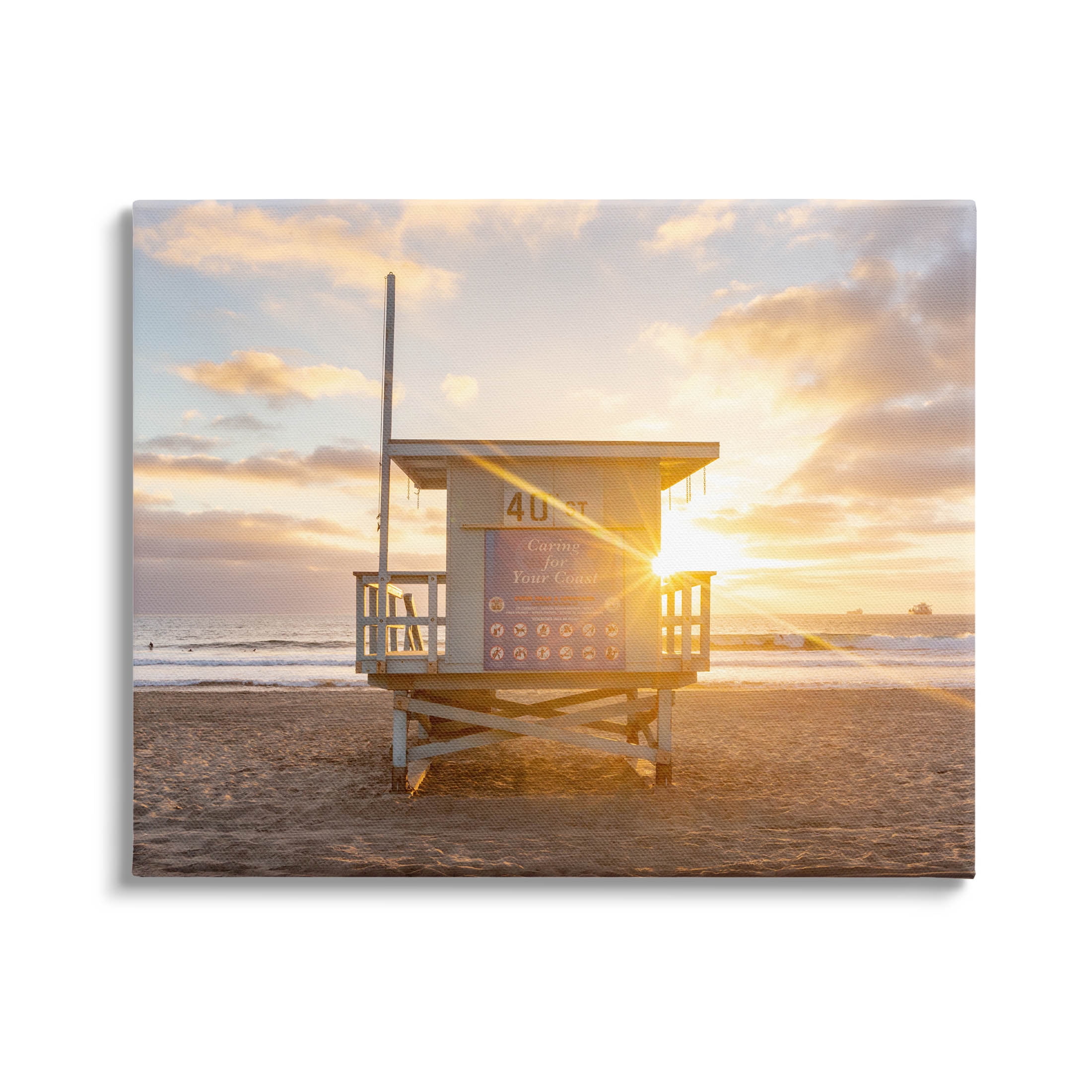 Beach Hut Sunset Flare Coastal Photograph Gallery Wrapped Canvas Print Wall Art