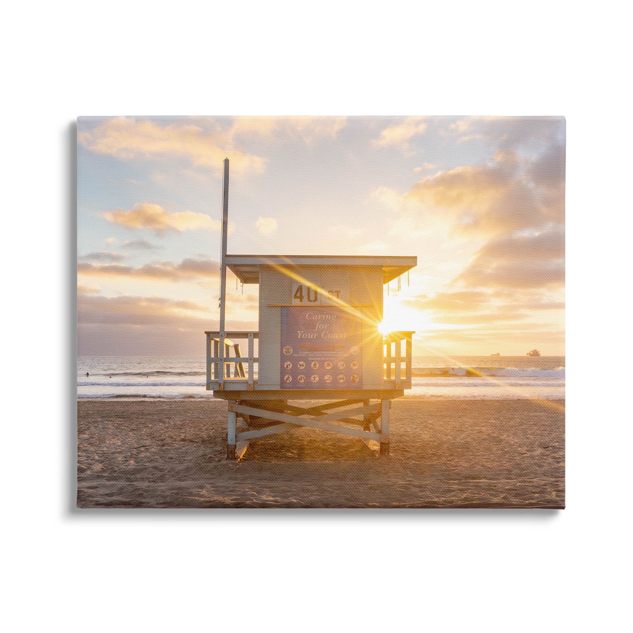 Beach Hut Sunset Flare Coastal Photograph Gallery Wrapped Canvas Print Wall Art