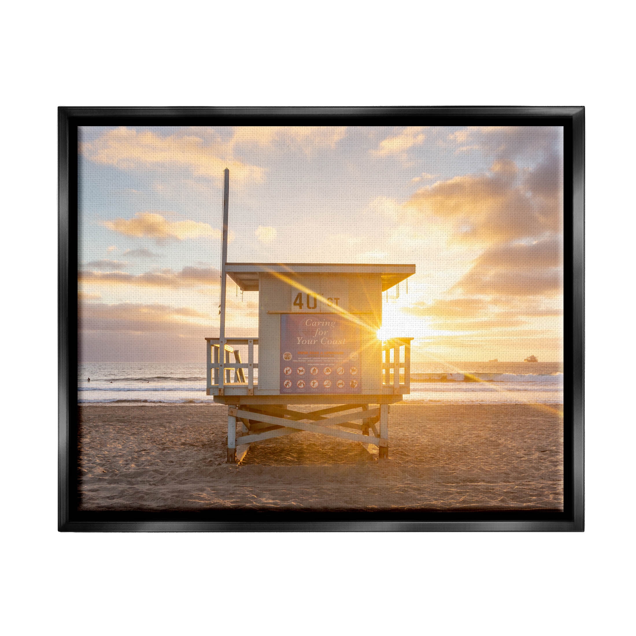 Beach Hut Sunset Flare Coastal Photograph Jet Black Framed Art Print Wall Art