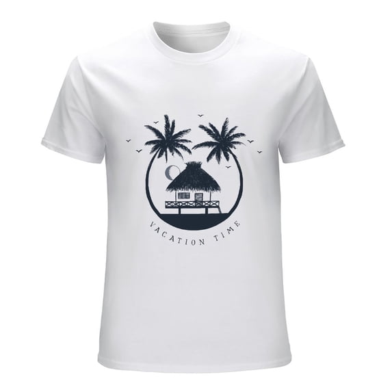 Beach Hut. Vacation Time. Vintage T-shirt Mens Cotton Classic Crewneck Short Sleeve Tees Unisex White M