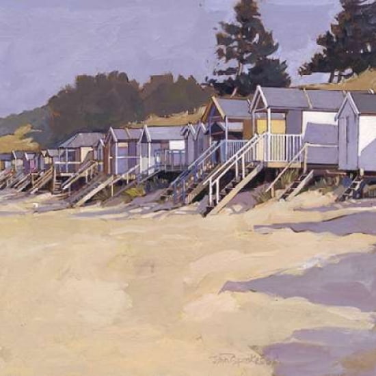 Beach Huts Against Fir Trees Canvas Art - John Sprakes (24 x 24)