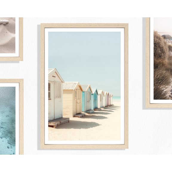 Beach Huts Print (P), Colorful Coastal Cabins, Seaside Holiday Scene, Pastel Summer Poster, Bright Shoreline Decor, Relaxed Beachfront View , Poster Print Only