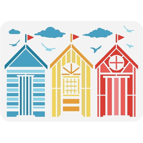 Beach Huts Stencil Reusable Cloud Bird Drawing Painting Templates Flower Stencils for Scrapbooking Fabric Floor Furniture Wall Art Decor 11.7x8.3 inch Mixed Color 1pc