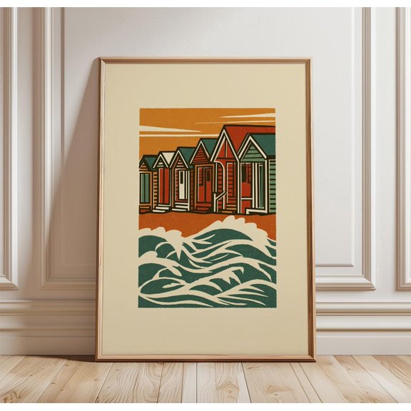 Beach Huts Wall Art Print Coastal Waves Retro Style Poster