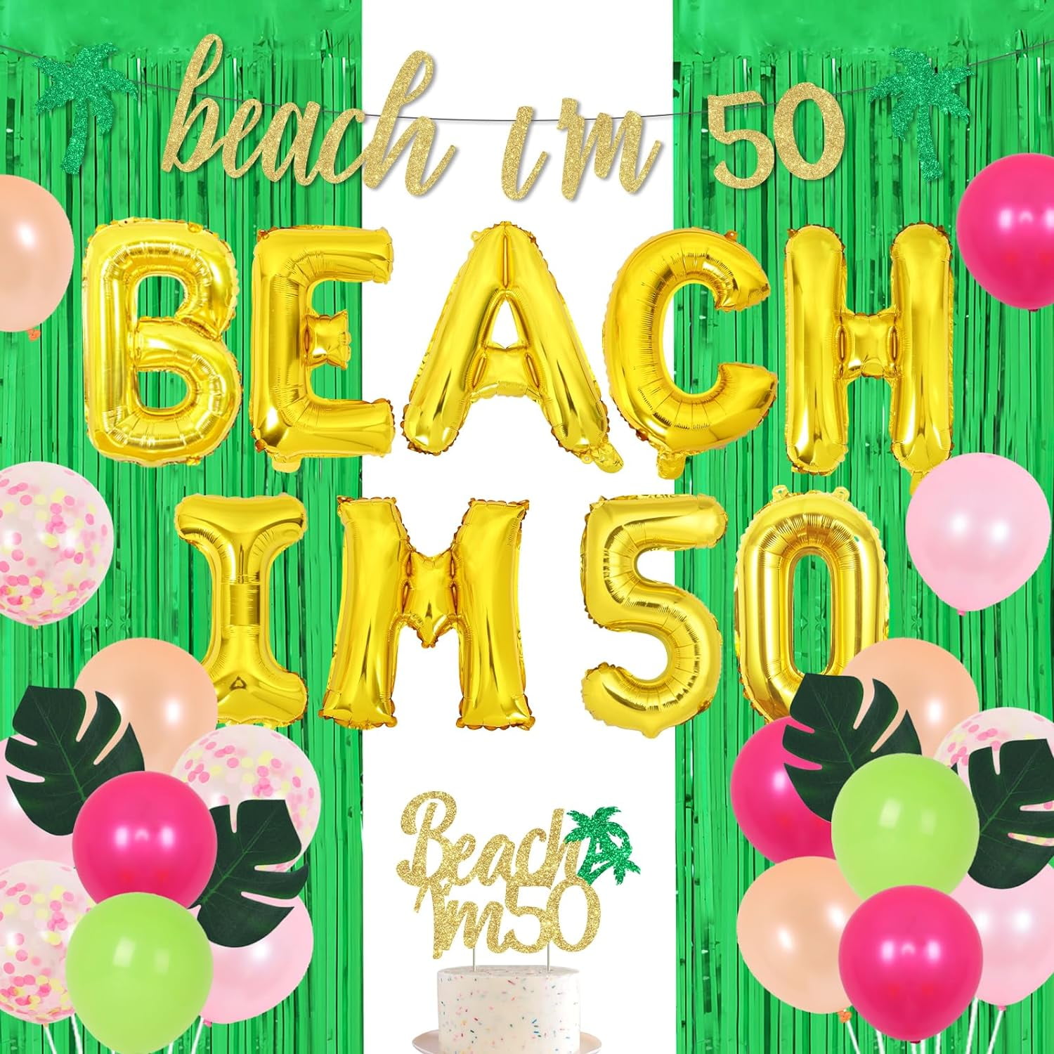 Beach I’m 50 Birthday Decorations, Summer Tropical Aloha 50th Birthday Party Supplies for Fifty Years Old Men or Women with Balloons Banner Cake Topper Fringe Curtain Leaf Props