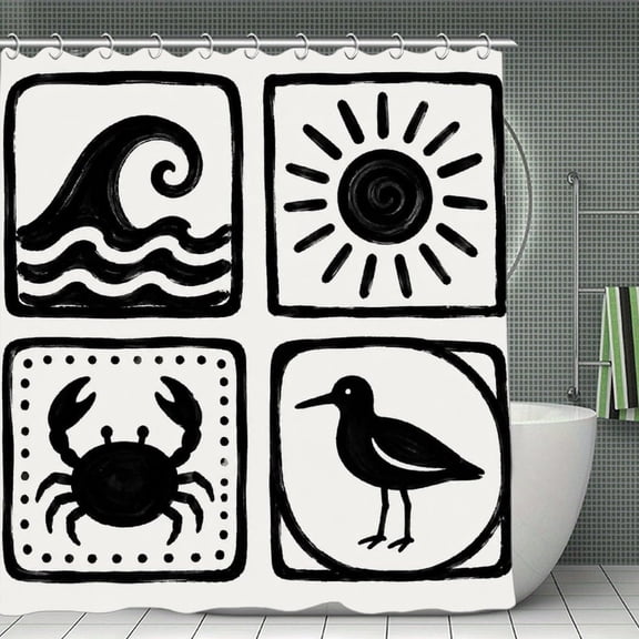 Beach Icon Set In Four Squares Print Shower Curtain,Cloth Fabric Waterproof Polyester Bathroom Home Decor Set with Hooks 70.8×70.8Inch