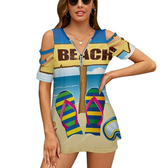 Beach Indication Slippers Womens Summer V Neck Zipper Top Short Sleeve T Shirt Off Shoulder Top Casual Classy Loose Shirts