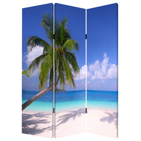 Beach Inspired Canvas Print 3 Panel Wooden Screen, Blue and Green - Saltoro Sherpi