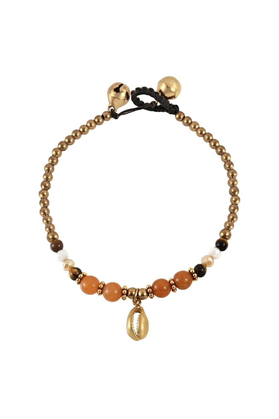 Beach Inspired Cowrie Seashell Charm Orange Carnelian Brass Jingle Bell Bracelet