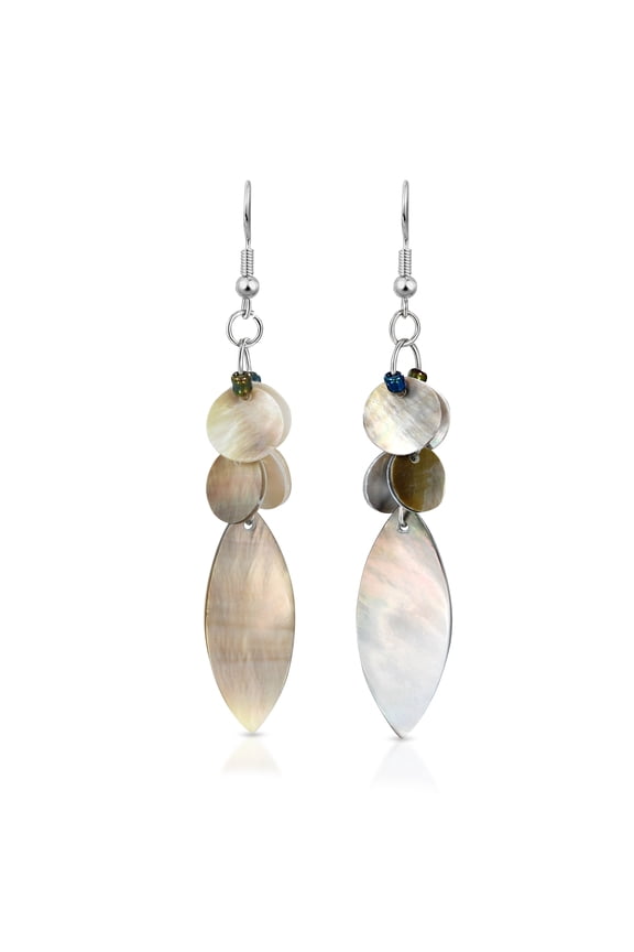 Beach Inspired Grey Mother of Pearl Seashell & Bead Cluster Dangle Earrings